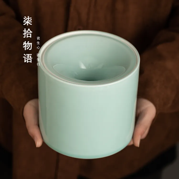 天青茶渣缸大号带盖烟灰缸茶桌摆件水盂陶瓷茶洗杯洗茶具废水缸
