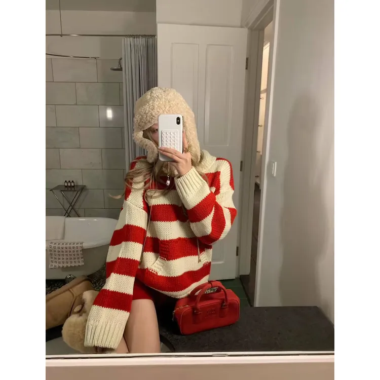 复古宽松撞色条纹毛衣女秋冬慵懒高级感+毛呢短裤C 9967#