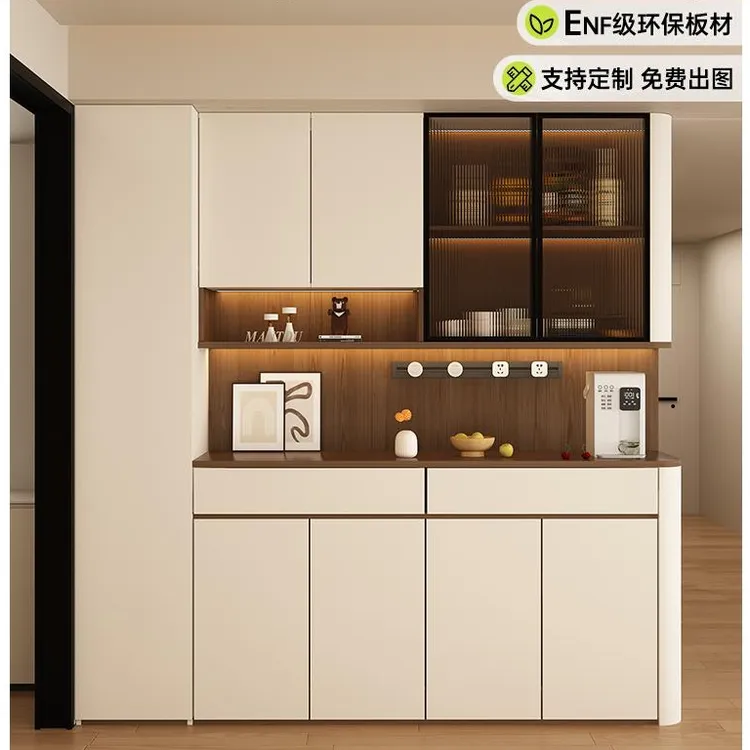 餐边柜靠墙一体圆弧中古风客厅组合酒柜茶水柜玄关收纳置物柜定制