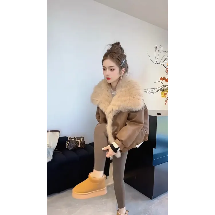 美拉德风大毛领短外套女冬季新款高级感显瘦百搭毛领外套