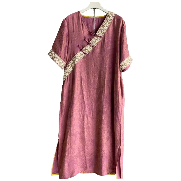 新中式盘扣提花长裙微胖大码遮肉显瘦复古国风夏季连衣裙