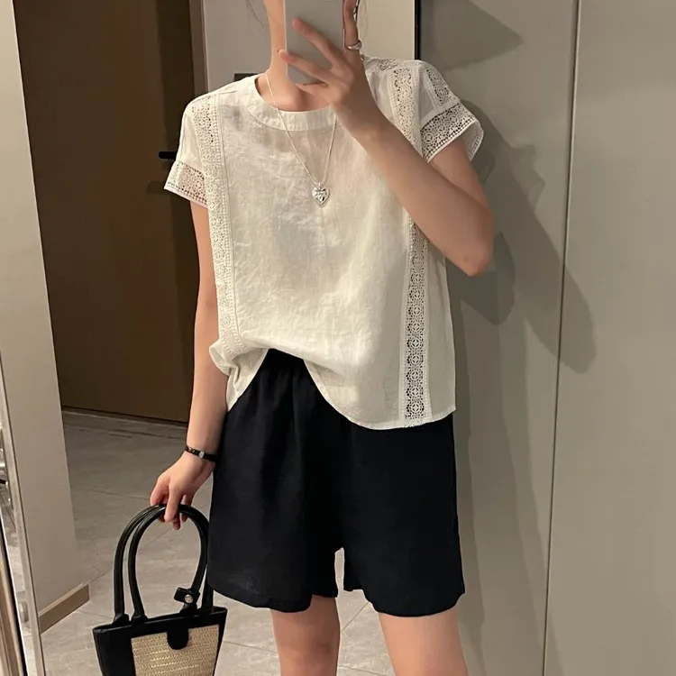 「100%纯亚麻 蕾丝拼接」气质轻奢小飞袖衬衫 夏季宽松设计感H623