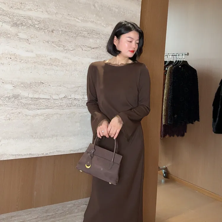 TANTAN 气质显瘦长袖圆领蕾丝边连衣裙2995