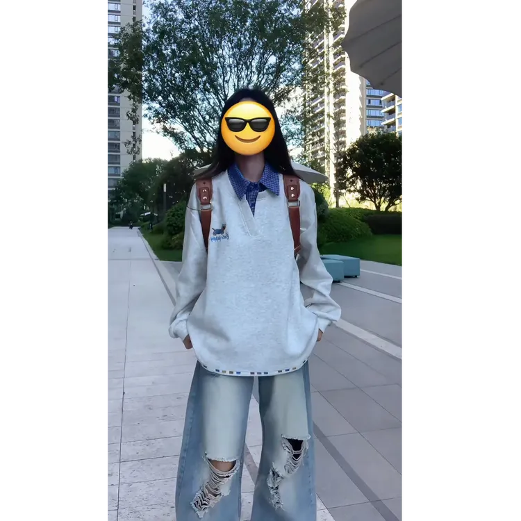 假两件小狗卫衣男女拼接套头长袖t恤秋冬宽松v领学院风外套情侣装