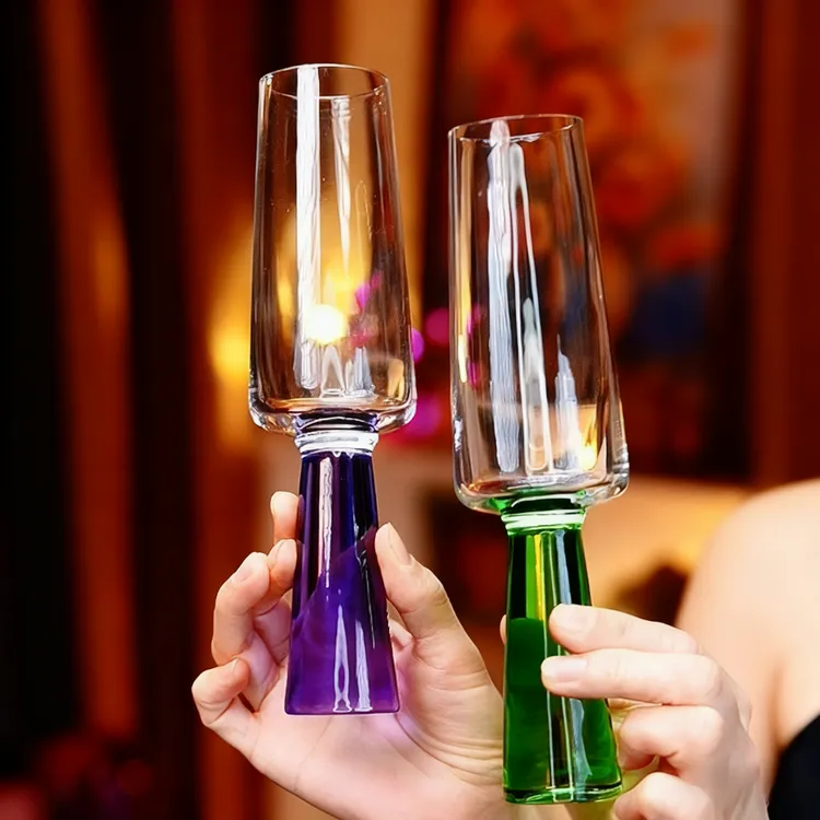 人工吹制水晶款绿紫杆香槟酒杯红酒杯玻璃起泡酒杯鸡尾酒杯气泡杯