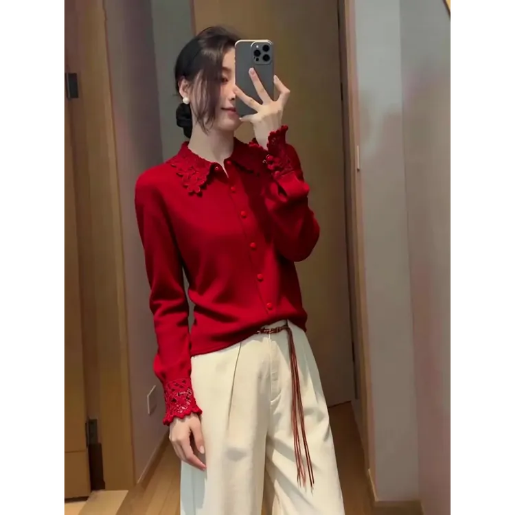 法式气质轻奢风长袖红色针织上衣女2025冬季新款显瘦单排扣打底衫
