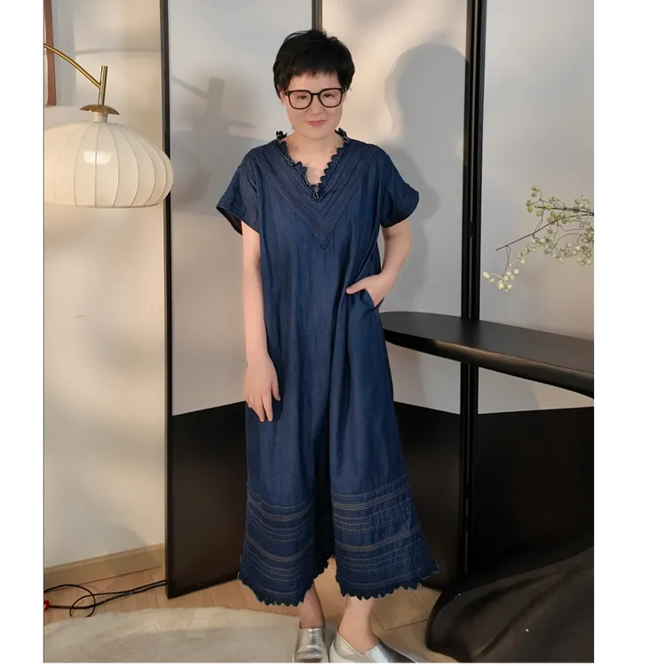 【子溪说衣】打揽压褶短袖2色牛仔连衣裙DGPP-ly166显瘦