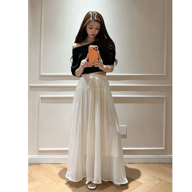 定制水光琉璃纱女士珠光大摆裙鎏光显瘦缎面大裙摆松紧腰女半身裙