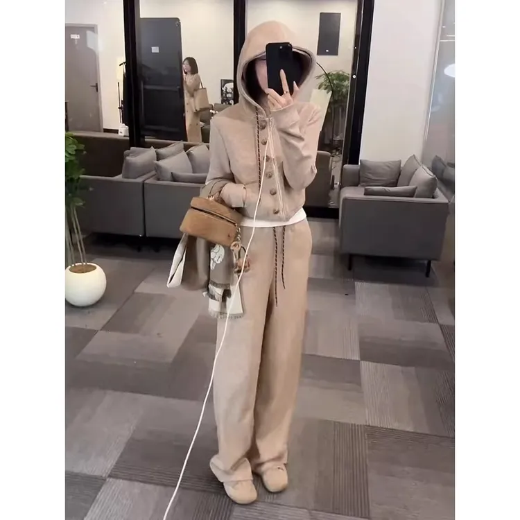 秋冬气质显瘦设计感时尚运动风连帽卫衣外套+休闲阔腿长裤套装女