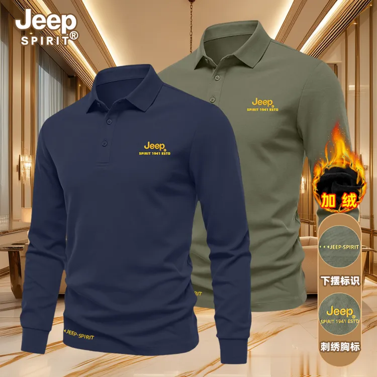 JEEP SPIRIT刺绣POLO衫男加绒长袖T恤翻领商务休闲上衣中青年男装