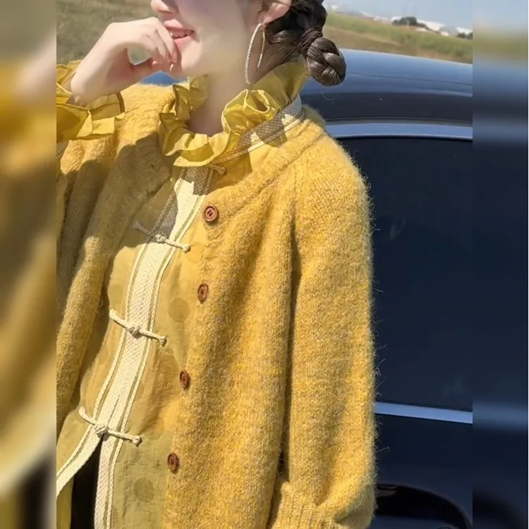 早秋慵懒风韩系氛围感衬衫黄色长袖上衣女士针织开衫时尚两件套装