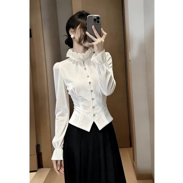 独特漂亮新款小衫女冬绝美巨好看设计感气质高端法式白色丝绒衬衫