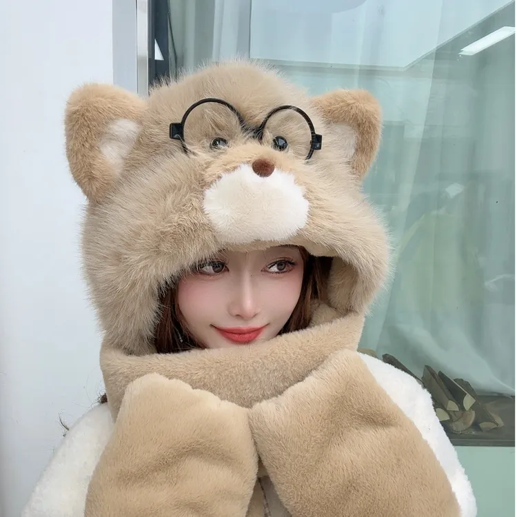 小熊帽子毛绒可爱冬天秋冬连帽子围巾一体冬季保暖手套围脖三件套