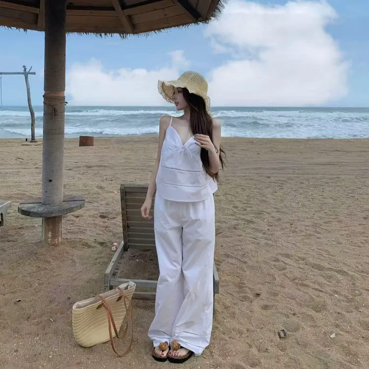 度假风穿搭套装甜美纯欲短款吊带上衣女夏季阔腿休闲裤长裤两件套