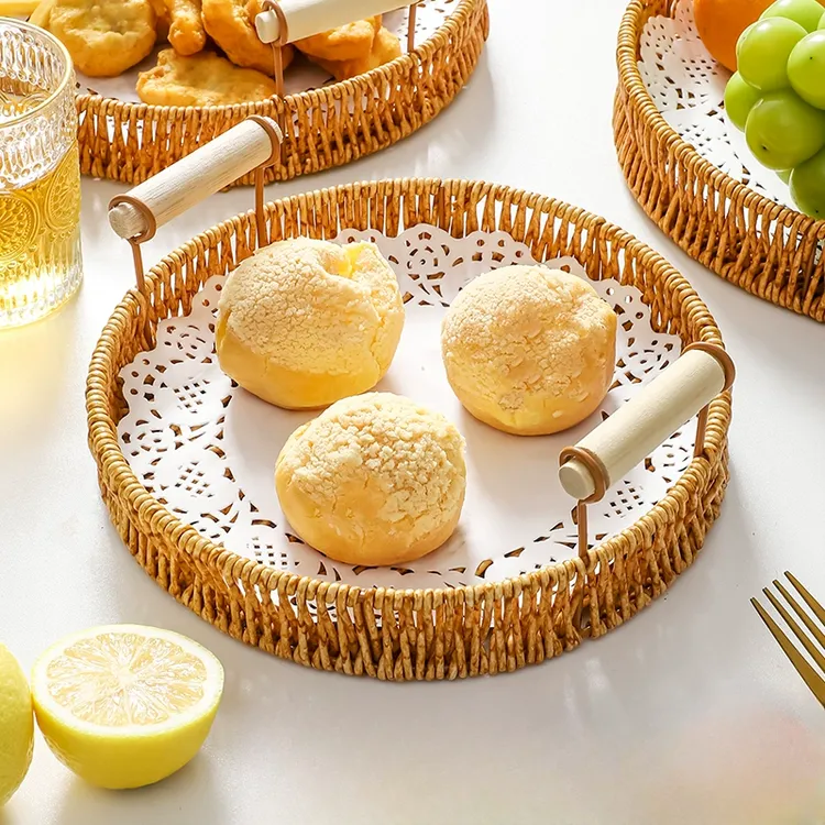 零食摆放盘点心茶点水果盘蛋糕藤编托盘家用客厅面包水果篮干果盘