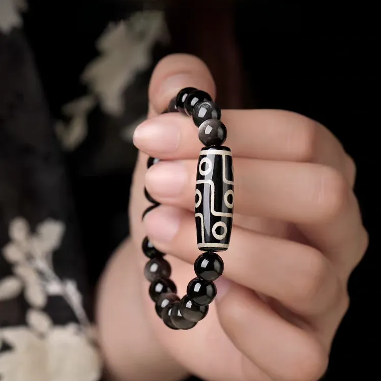 天然正品黑曜石手串男女款玛瑙九眼珠藏式手链本命年转运珠饰品