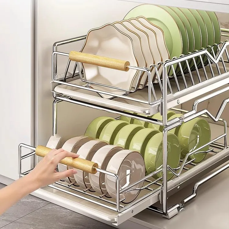 优勤碗碟收纳架超深橱柜内置拉篮抽屉式下水槽抽拉厨房盘子沥水架