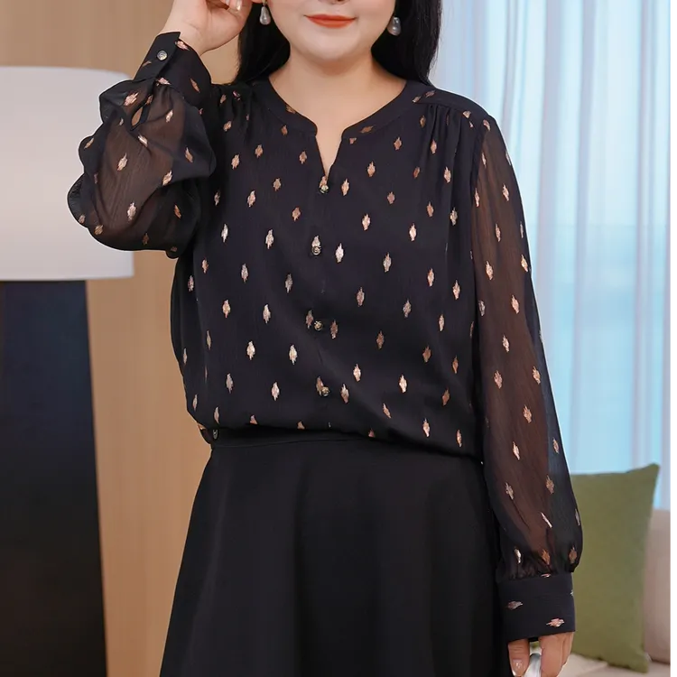 MsShe大码女装2025新款秋装复古优雅烫金雪纺V领衬衫T~B2503056