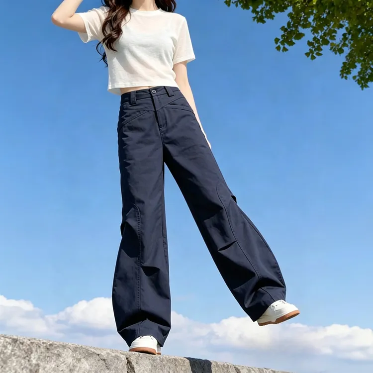 藏青色工装休闲裤女2026秋季复古大码胖mm宽松显瘦直筒运动阔腿裤商品图