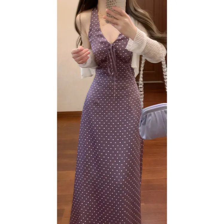 法式温柔紫色波点挂脖连衣裙收腰显瘦气质长裙&防晒空调开衫9215