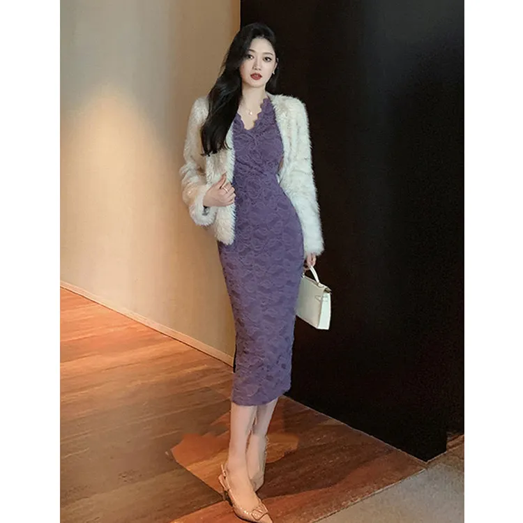 网红爆款蕾丝连衣裙女秋季2025新款法式名媛气质修身打底包臀裙