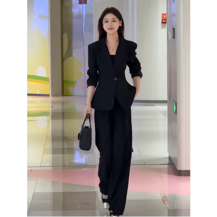 大码秋冬小众职场百搭收腰西服高级感休闲职业黑色西装外套阔腿裤