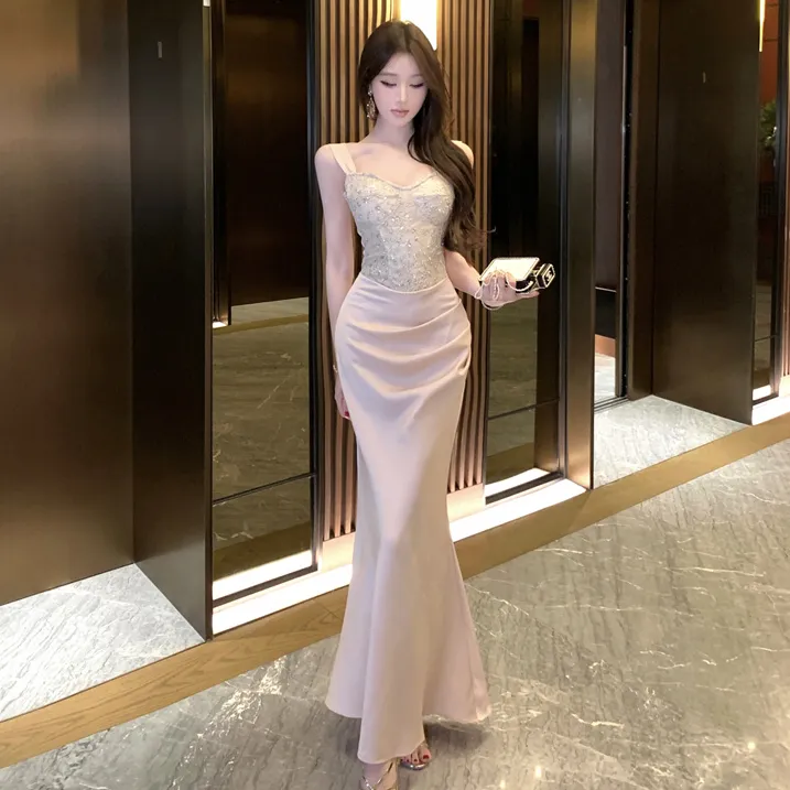 御姐亮片钉珠吊带连衣裙女名媛气质拼接修身晚礼服宴会praty礼裙