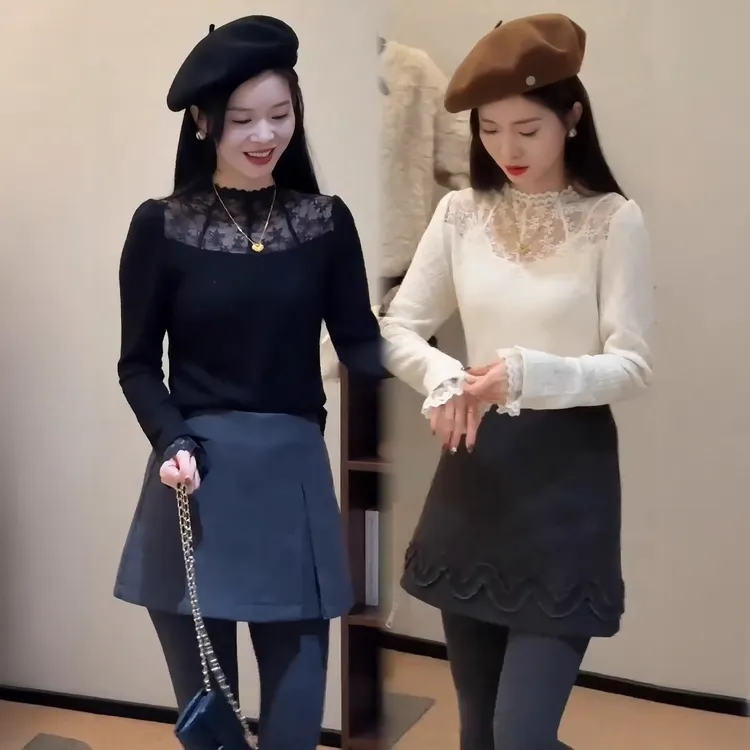 蕾丝拼接半高领打底衫女2025秋冬款木耳边设计镂空加绒加厚蕾丝衫