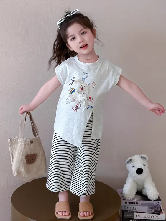 2025夏季新款韩系女童洋气套装穿搭女宝宝短袖T恤条纹休闲阔腿裤