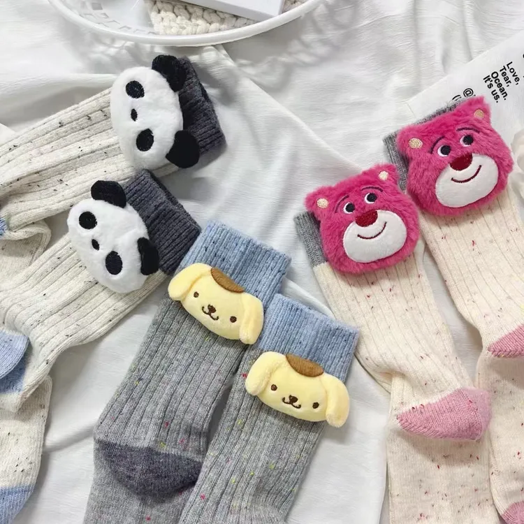 冬季新款玩偶袜饰品袜布丁狗女袜草莓熊袜子小熊猫厚袜子毛茸茸袜