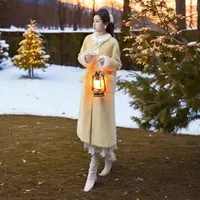 新中式奶黄色呢子大衣长款90白鸭绒国风盘扣时尚兔毛羽绒外套女冬