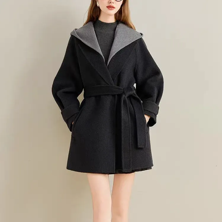 高端气质灰色连帽羊毛呢子大衣小个子系带毛呢外套双面羊毛大衣女