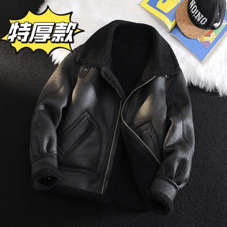 加厚保暖皮毛一体冬季宽松加绒机车男士夹克冬季男装仿羊羔毛外套