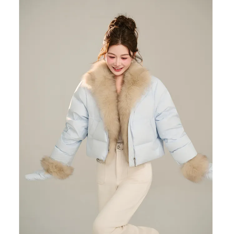 AZZHEN【诺丁雪国】100狐狸毛90白鹅绒可拆卸狐狸毛手套短款羽绒服