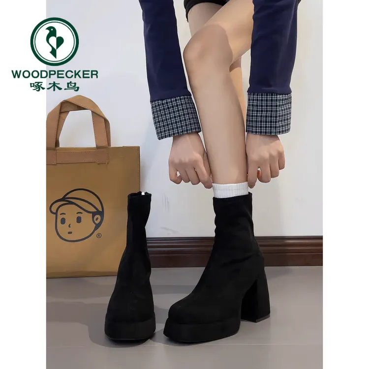啄木鸟法式厚底弹力瘦瘦短靴女2025新秋冬百搭粗跟增高加绒马丁靴