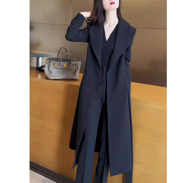 大码女网红爆款高级感风衣外套胖mm洋气修身显瘦长款系带西装大衣