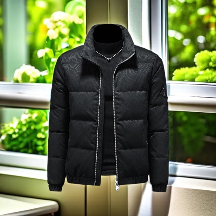 娜罗普西休闲羽绒服男黑色提花白鸭绒立领短款加厚保暖外套新款潮
