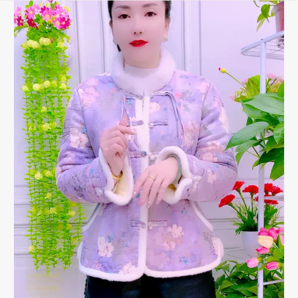 棉袄网红厚款女装常规长袖牡丹花棉衣盘扣棉服印花