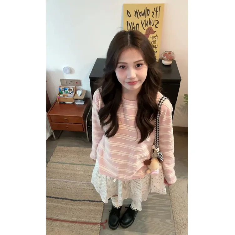 2025秋季新款韩系穿搭圆领条纹长袖上衣气质高腰显瘦波点半身裙