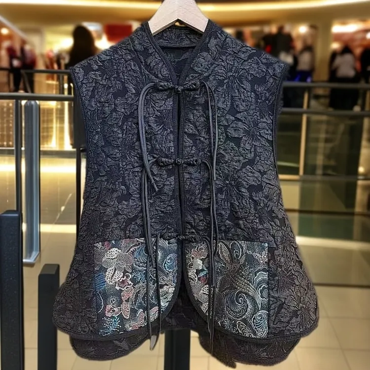 新中式国风盘扣马甲女刺绣拼接显瘦洋气马夹外套背心坎肩女上衣