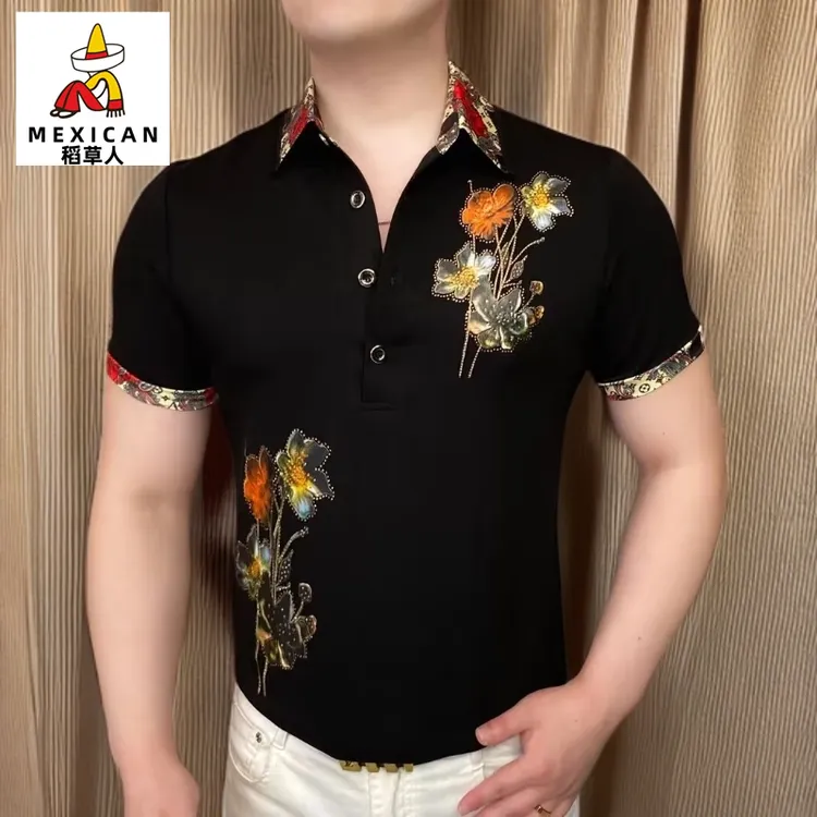 稻草人夏季烫印衬衫领基础大众短袖衬衫套装上衣镶钻休《专柜品质》