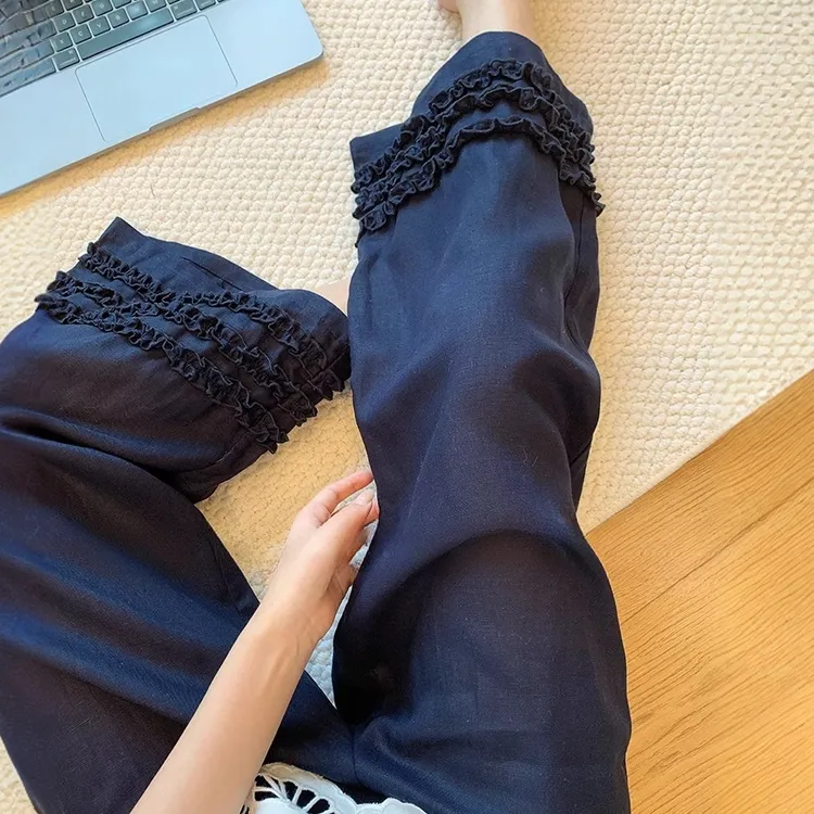 夏日松弛感木耳花边亚麻裤女梨形身材百搭松紧高腰阔腿九分休闲裤