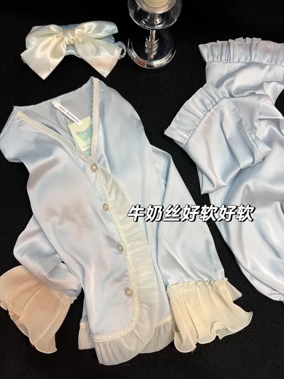 法式高级感风琴袖口拼接冰丝睡衣女2025夏季带胸垫家居服套装外穿