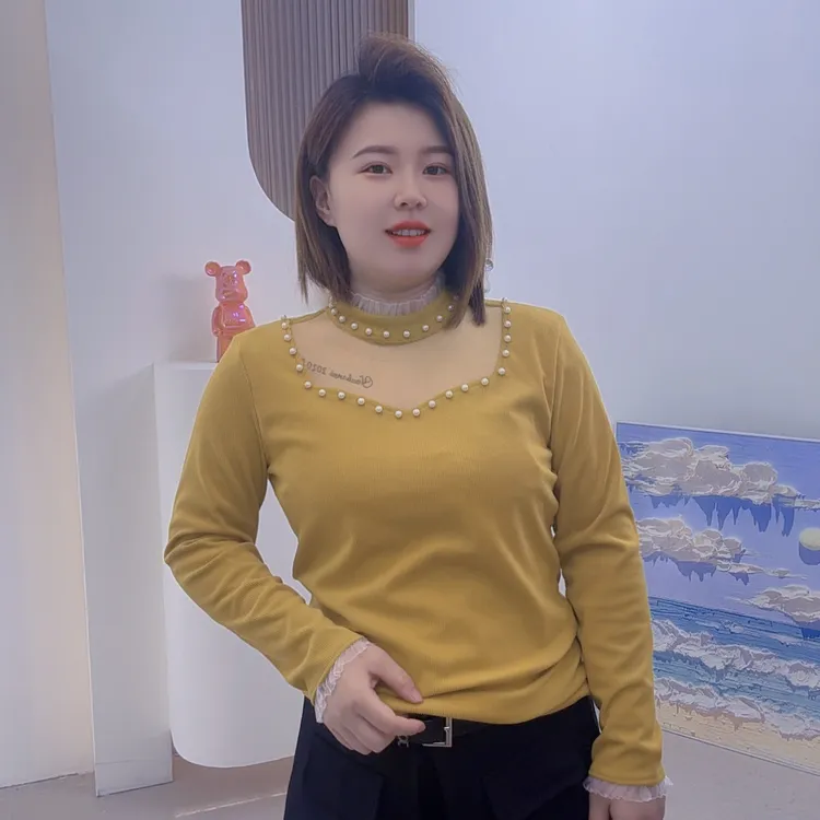 加厚6066秋冬新款欣慧家重工网纱拼接气质百搭T恤显瘦打底衫时尚