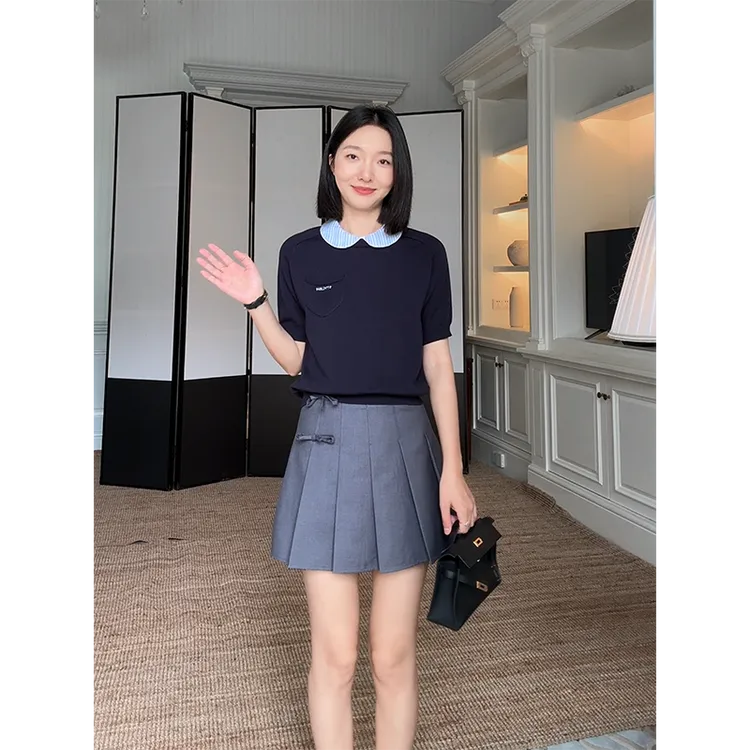 郭九九呢 天丝娃娃领学院假两件短袖上衣百褶A字半裙 G925A08862