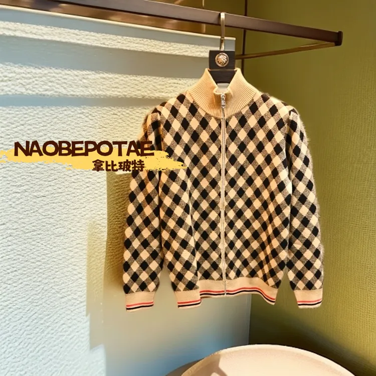 拿比玻特欧货时尚立领格子拉链开衫毛衣男冬季保暖轻奢针织外套