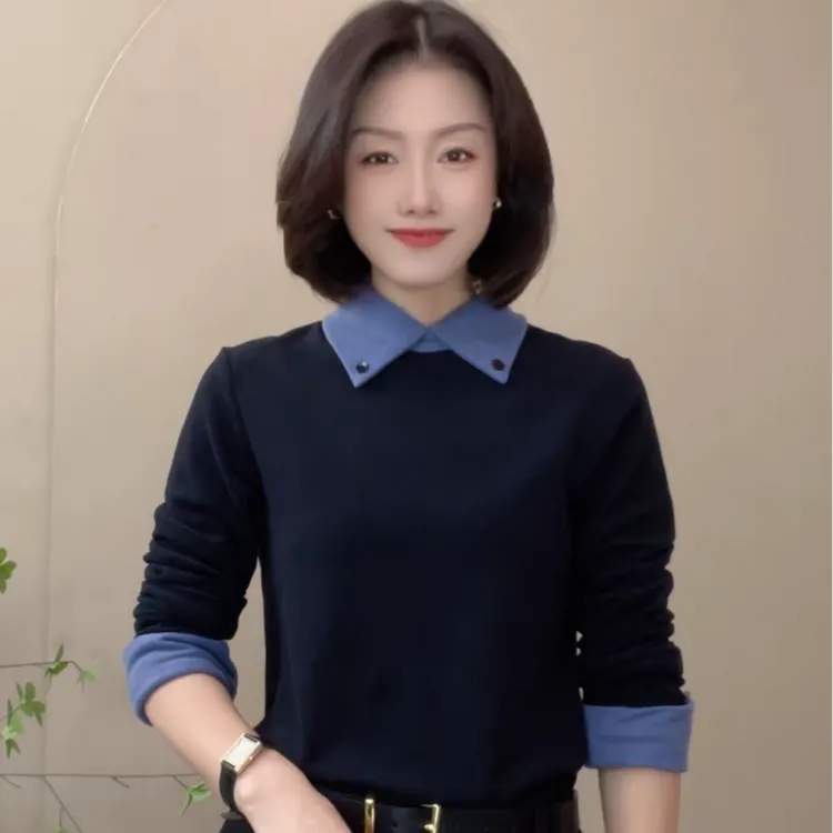 320秋冬新款拼色长袖时尚百搭小衫女士气质翻领显瘦修身打底衫女