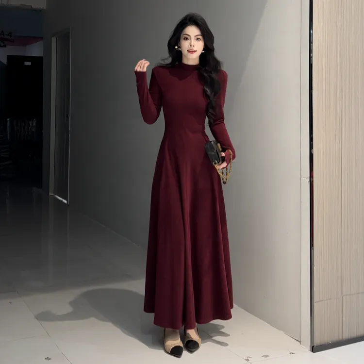 秋冬厚款德绒气质大摆裙长袖保暖舒服连衣裙时尚优雅百搭大长裙