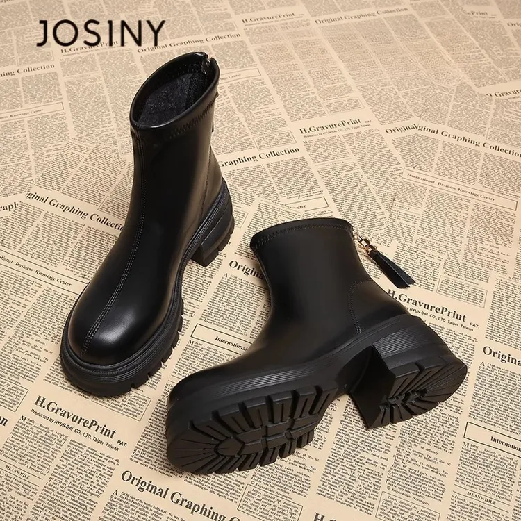 卓诗尼【断码清仓】短靴女2025新款冬季加绒百搭单靴厚底高跟马丁靴