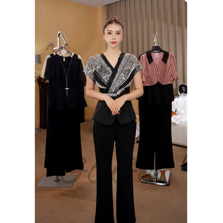 G6967新款高级感黑色小衫2025夏季拼接薄款短袖气质衬衫时尚套装